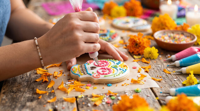 Hand Decorating Sugar Skull Cookie with Colorful Icing for Day of the Dead