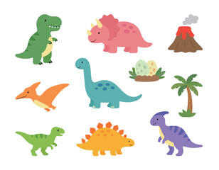 Set of cute dinosaur characters and prehistoric elements isolated on a white background. Cute vector illustration of T-Rex, Triceratops, Brachiosaurus, and volcano for kids design and stickers. © Tuesday04