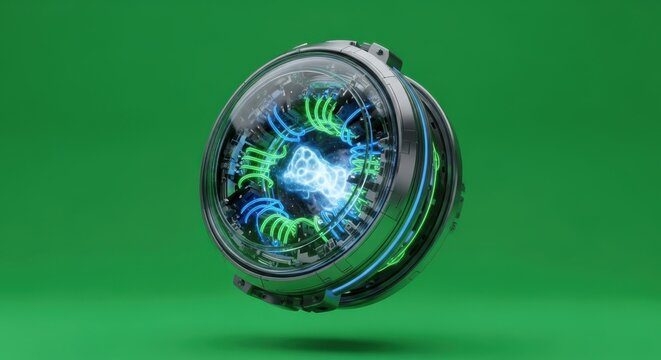 Futuristic Quantum Computing Core with Glowing Neon Circuits on Verdant Backdrop Symbolizing Advanced Technology and Scientific Innovation in Digital Age