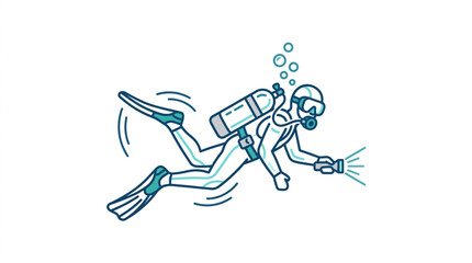 Illustrated scuba diver swimming underwater with gear. © Wazakos