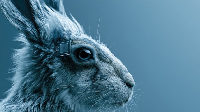Close-up of a digitally stylized rabbit with high-tech gadget ear in blue tone