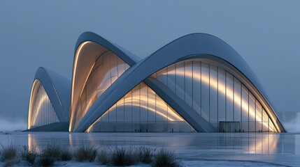 Fototapeta premium Modern architectural building with curved design and illuminated glass exterior at dusk