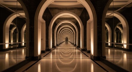 Obraz premium Endless Architectural Corridor Illusion Grand Arches Reflective Flooring and Subtle Lighting Create a Captivating Sense of Depth and Symmetry in an Opulent Interior Space.