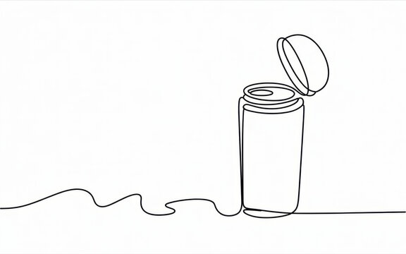 Minimalist line drawing of an open pill bottle, representing health and medication.