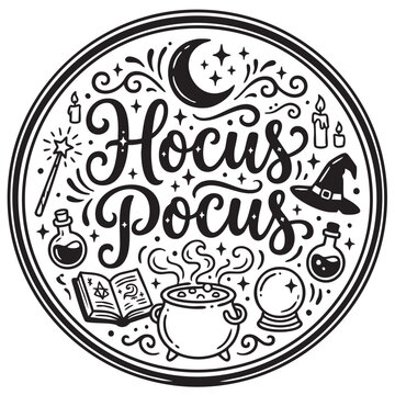Hocus pocus spell casting round badge with magic cauldron potion bottles and occult items.