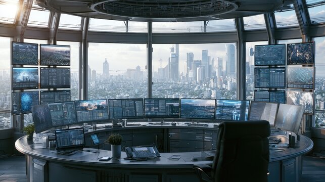 Modern control room with panoramic cityscape view and multiple monitors