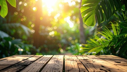 Empty wooden table with tropical leaves and sunlight bokeh background © Chandlerlikes