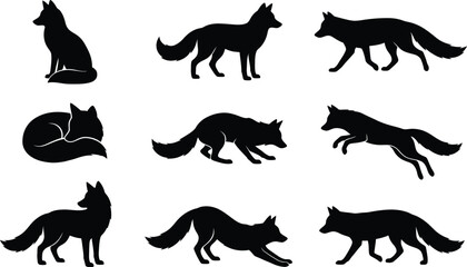 Obraz premium A collection of black fox silhouettes in various poses including sitting walking running and sleeping presented as a high quality vector illustration set
