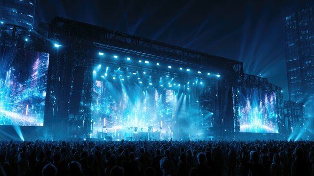 Large outdoor music concert stage illuminated with blue lights at night