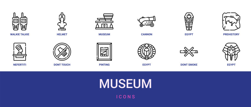 Set of 12 outline web Museum icons such as egypt, dont smoke, egypt, pinting, dont touch, nefertiti, prehistory vector icons for report, presentation, diagram, web design, mobile app