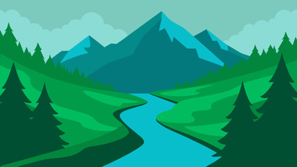 Fototapeta premium Emerald River Through Pine Valley Flat Vector Landscape