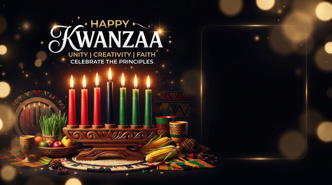 Happy Kwanzaa Banner with Kinara Candles Fruit and African Pattern