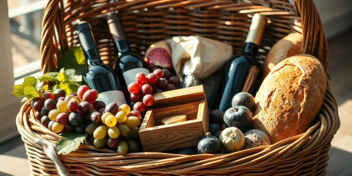A wicker basket overflowing with sunlit wine bottles, ripe grapes, crusty bread, and assorted fruits, perfect for an outdoor picnic