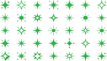 Sparkle vector icon set featuring glowing green starbursts and magic sparkles © Kanon