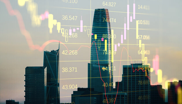 Financial market charts overlaying modern city skyscrapers at twilight, urban investment growth, trading data, business analytics concept.