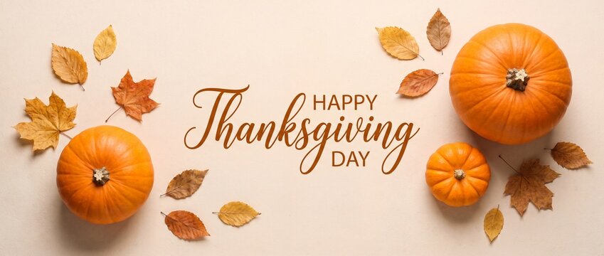 Happy thanksgiving day greeting card with pumpkins and autumn leaves
