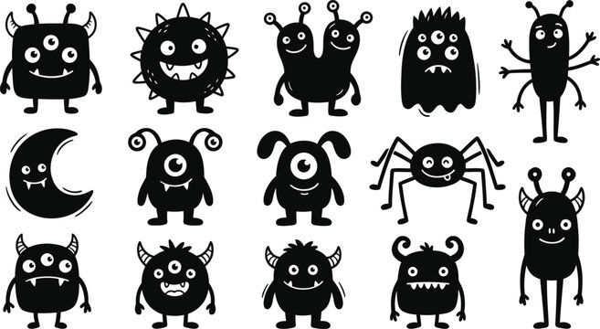 A collection of hand drawn black monsters and alien creatures isolated on a white background for creative design projects
