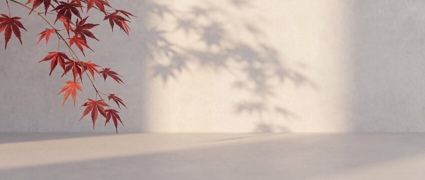Minimalist product display stage with red maple leaves and soft shadows