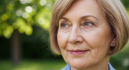 Fototapeta premium Senior woman with kind expression outdoors in serene natural setting. Close-up portrait showcases gentle smile and wisdom of age, reflecting joy and peace.