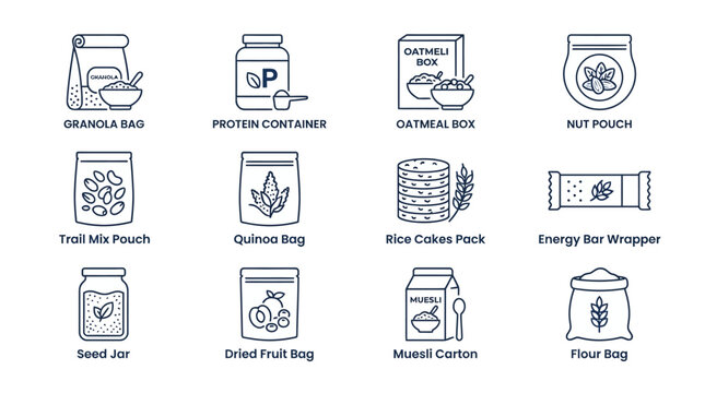 Collection of illustrated eco friendly food packaging icons.