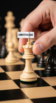 Competitive edge e commerce growth strategy on chess board with hand moving king for business planning and market success