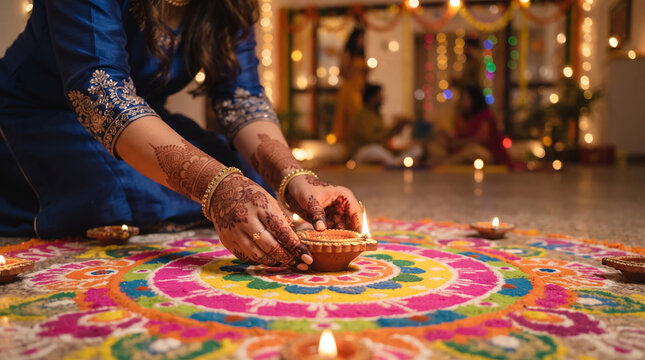 Indian Woman Placing Burning Clay Diya on Colorful Rangoli Floor Design During Diwali