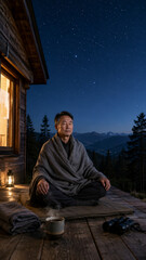 Man stargazing outside cabin at night for mental health and wellness, background © dvoevnore