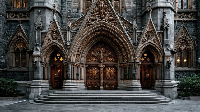 Ornate Gothic Cathedral Entrance with Detailed Stone Carvings and Stairs