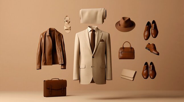 Menswear fashion layout with a formal suit leather jacket and business accessories