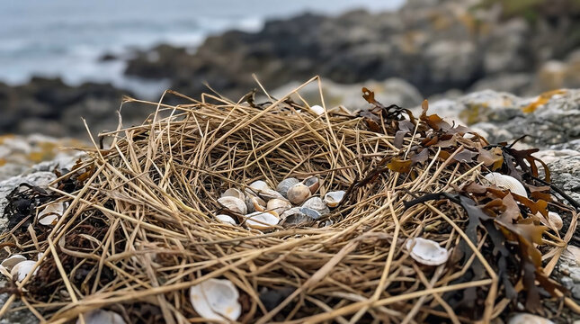 A close-up of a seabird nesting site featuring a nest built from dried grass and seaweed on a rugged coastal rock with a blurred ocean background.