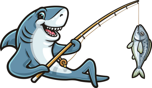 Cartoon mascot of a shark fishing