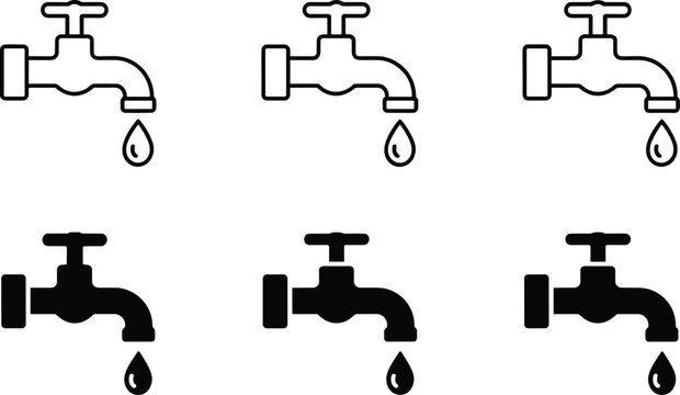 Water Faucet and Dripping Tap Line Icon Collection