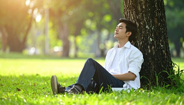 Young man relaxing on lawn under trees with eyes closed, enjoying peaceful nature, stress relief lifestyle, copy space