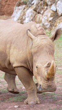 Close up of a large white rhinoceros walking on the ground in a safari park, showcasing its massive body, thick skin, and prominent horn as it moves through its naturalistic habitat