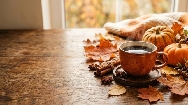 Cozy autumn coffee scene with pumpkins and leaves.