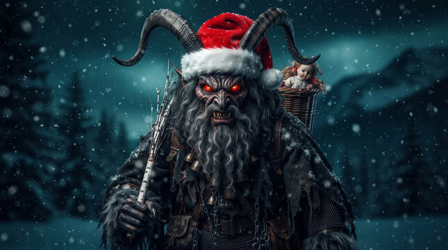 Krampus in Santa Hat Holding Basket of Dolls in Snowy Night