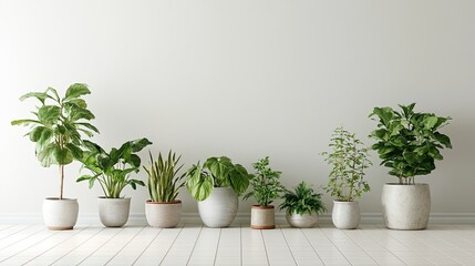 Fototapeta premium Various Indoor Houseplants in Different Sizes and Planters Against White Wall