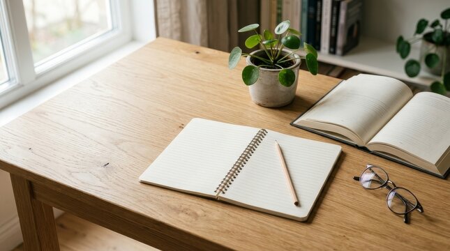 Wooden desk with open notebook and potted plant by window.