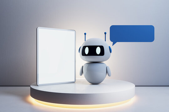 Friendly AI chatbot robot beside a blank display and speech bubble, clean light mockup for digital assistant branding and communication design. 3D Rendering