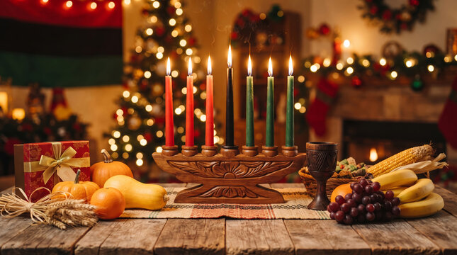 Kwanzaa Kinara Candles with Pumpkins Grapes and Christmas Tree Background