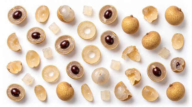Fresh longan fruit pieces scattered in a top view pattern