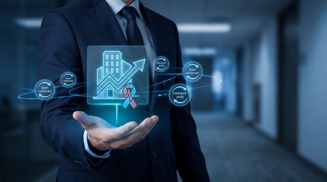 Businessman holding corporate debt icons. Financial manager analyzing business risk data.