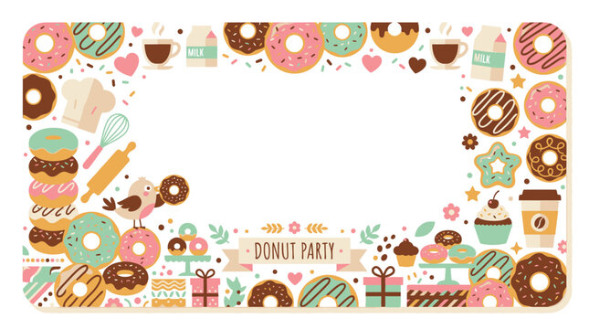 Bakery and donut sweets doodle border with coffee elements.