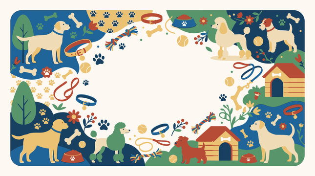 Canine pets and dog house illustration frame background.