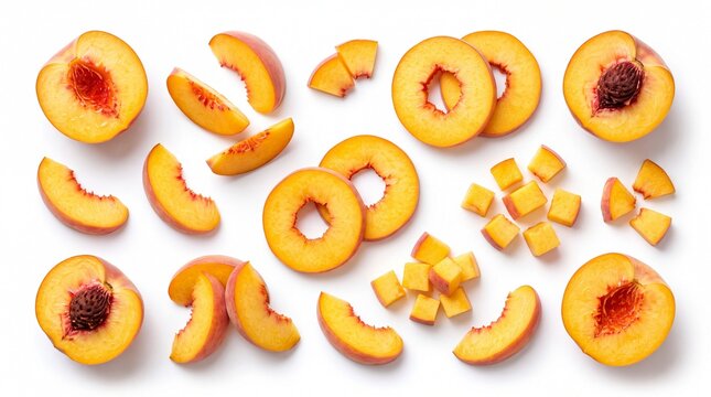 Fresh sliced peach fruit pieces collection