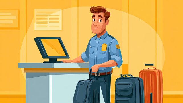 Friendly male airport security officer checking in luggage at reception desk