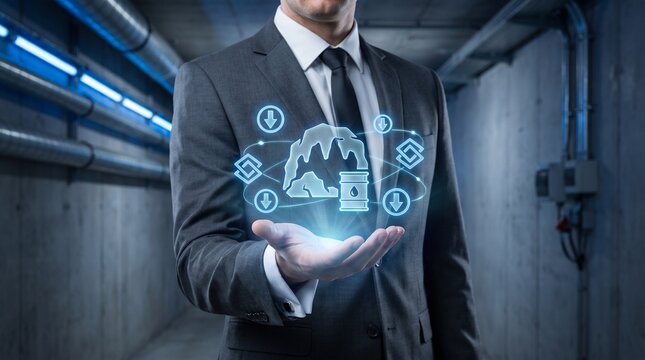 Business executive holding futuristic holographic globe. Professional leader analyzing digital data sphere with global connectivity icons.