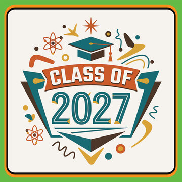 Class of 2027 graduation celebration badge with colorful science and education icons