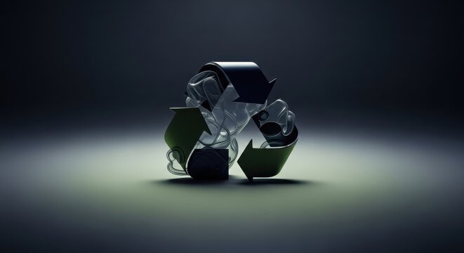 Eco-conscious recycling symbol rendered in chrome and glass representing sustainable resource management and environmental responsibility for a greener planet's future.