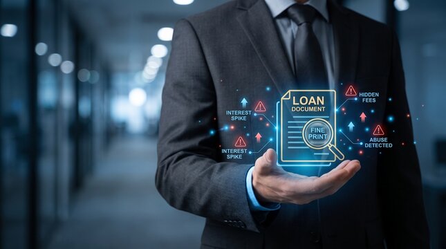 Businessman holding holographic loan document. Digital finance concept for credit approval.